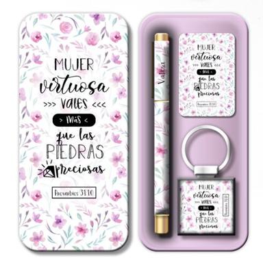 Pack de Caja de Bolígrafo, Llavero y Tarjeta Mujer Virtuosa (Caja de metal)
