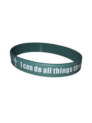 Szilikon karkötő angol felirattal "I can do all things through Christ who gives me strength Philippians 4:13" szürkés zöld