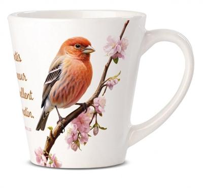 Tasse oiseau "Les bontés du Seigneur se renouvellent chaque matin." Lm 3.23