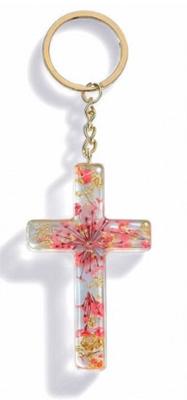 Porte-clé croix avec inclusions de fleurs - rouge