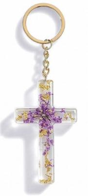 Porte-clé croix avec inclusions de fleurs - violet