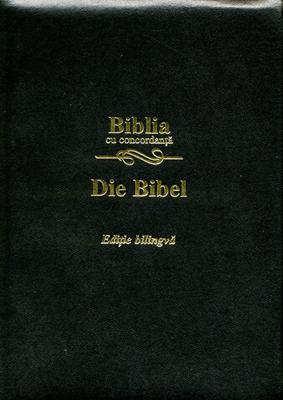 Biblie bilingvă Română - Germană, cu concordanţă, aurită, fermoar, neagră, piele