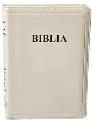 Biblie format mediu, coperta piele, aurita, cu fermoar si index, alba