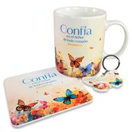 Pack Taza + Llavero + Portavasos - Confía en el Señor (Cerámica)