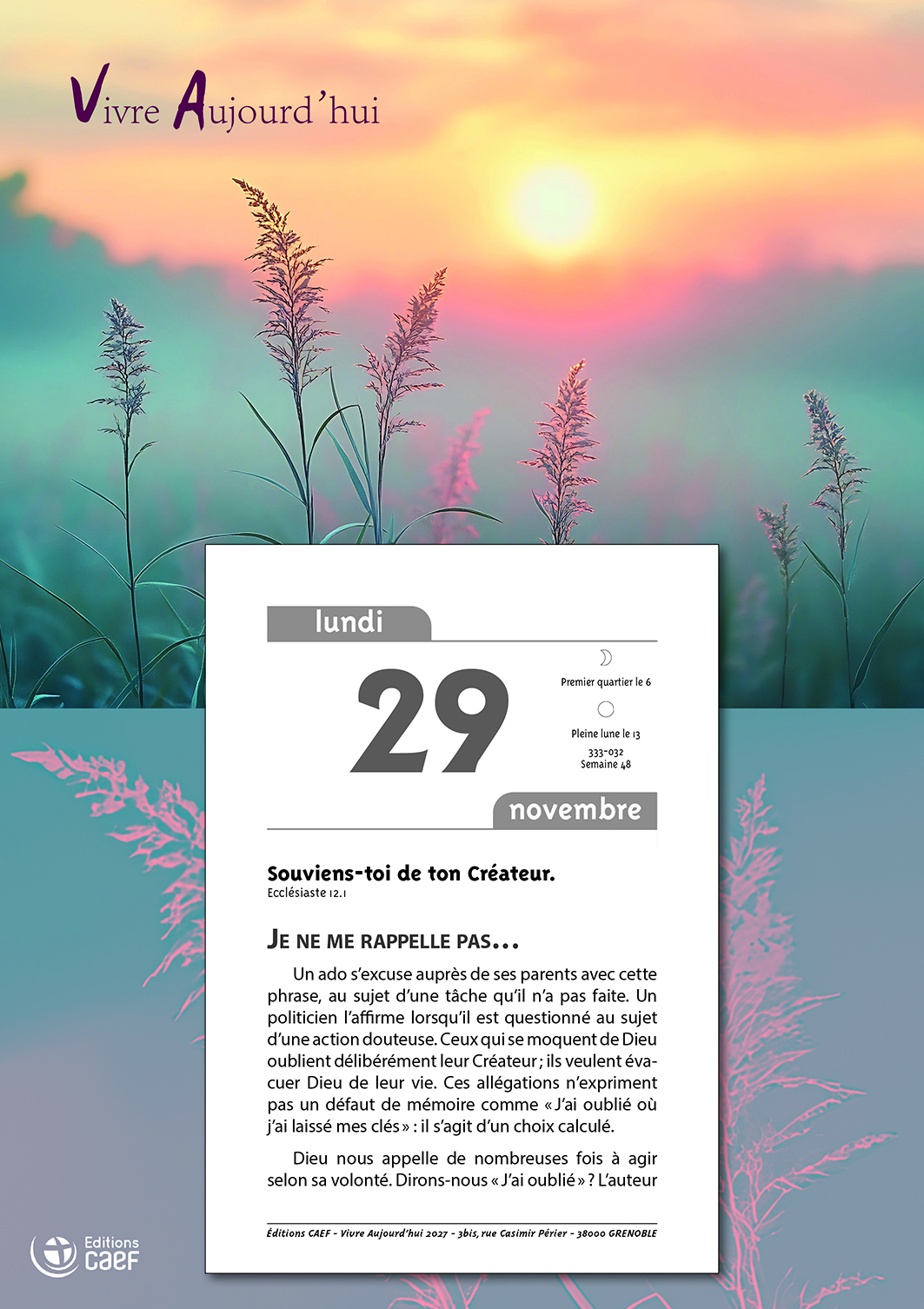 Vivre aujourd'hui calendrier plaque 2027
