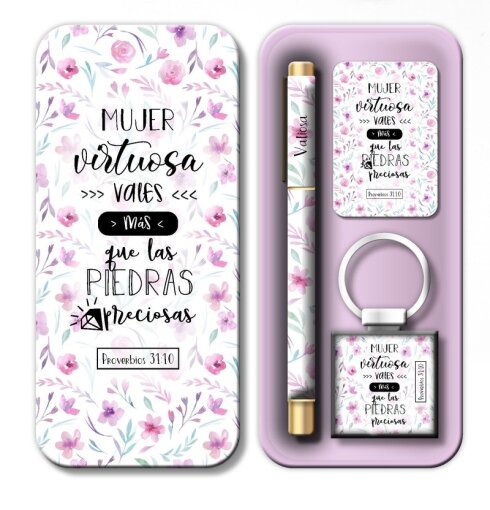 Pack de Caja de Bolígrafo, Llavero y Tarjeta Mujer Virtuosa