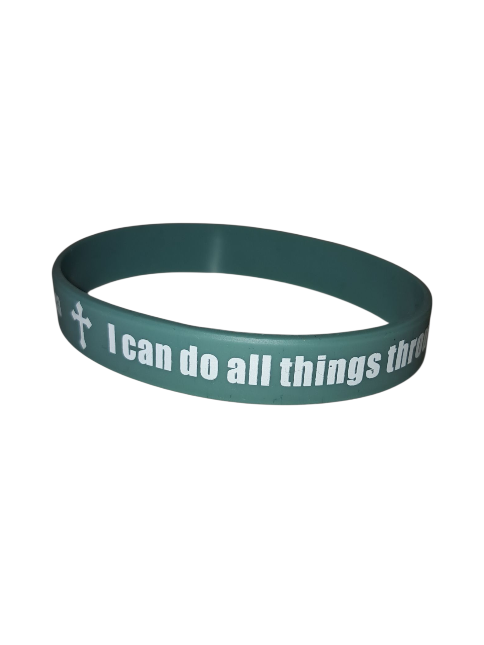 Szilikon karkötő angol felirattal "I can do all things through Christ who gives me strength Philippians 4:13" szürkés zöld