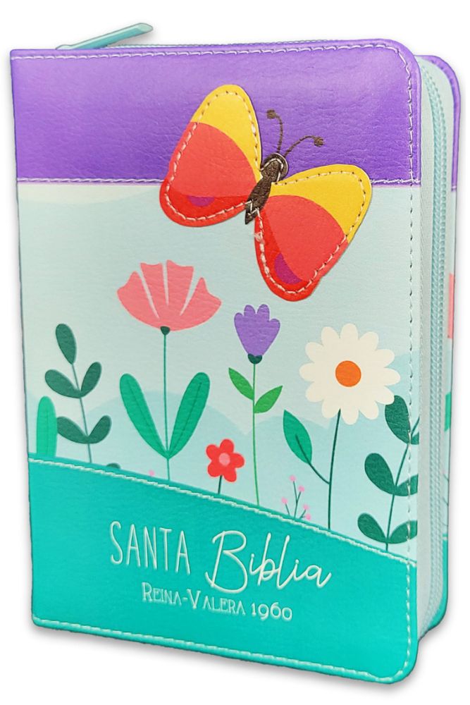 Biblia RVR6025cz/ PJR Primor Lila/Azul/Turquesa Mariposa /Cierre Canto Plateado