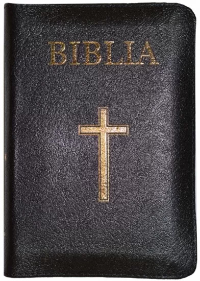 Biblie mica, neagra, margini aurii, index, coperta piele ecologica