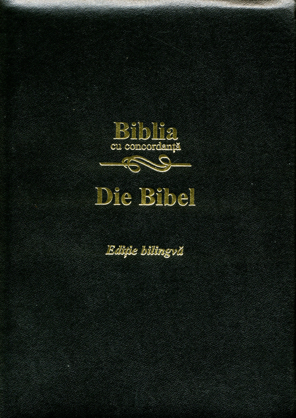 Biblie bilingvă Română - Germană, cu concordanţă, aurită, fermoar, neagră, piele